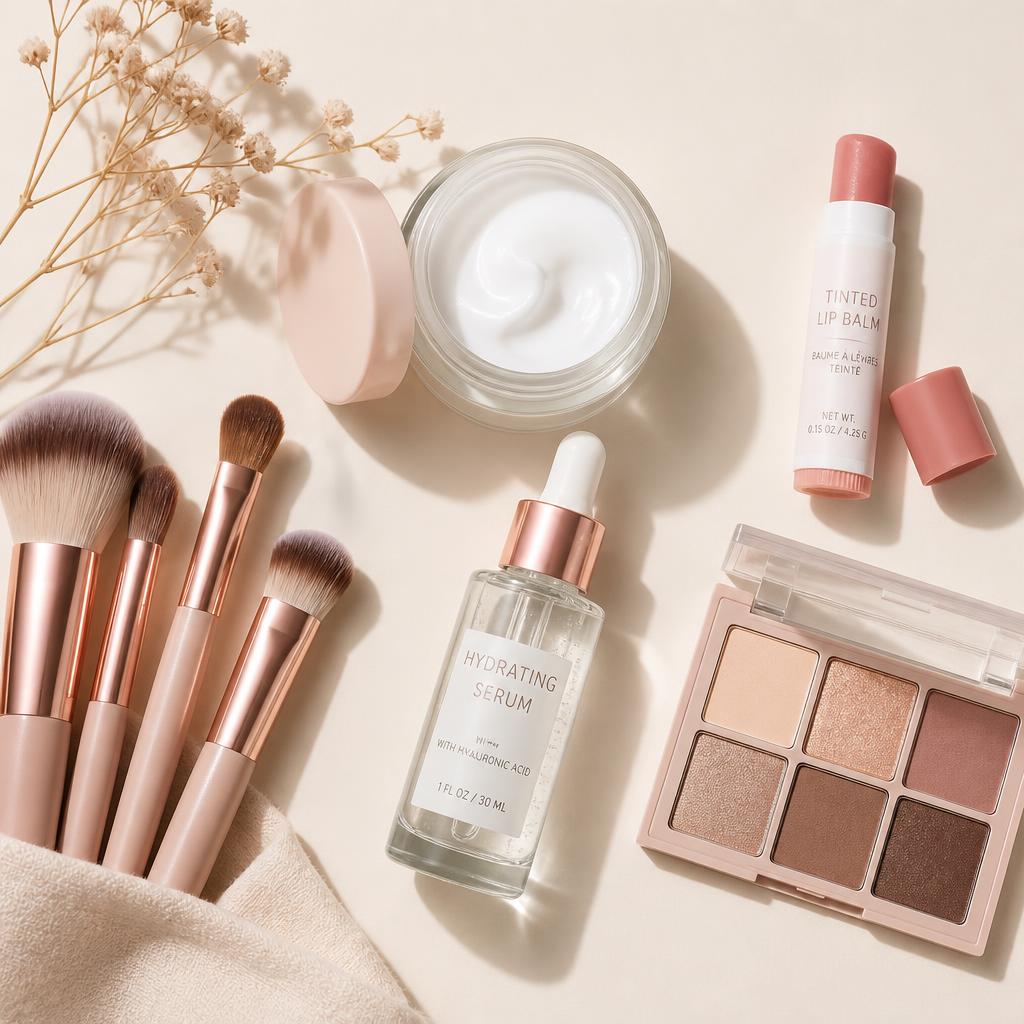 Trendy beauty essentials including makeup brushes, skincare cream, serum, and lip balm