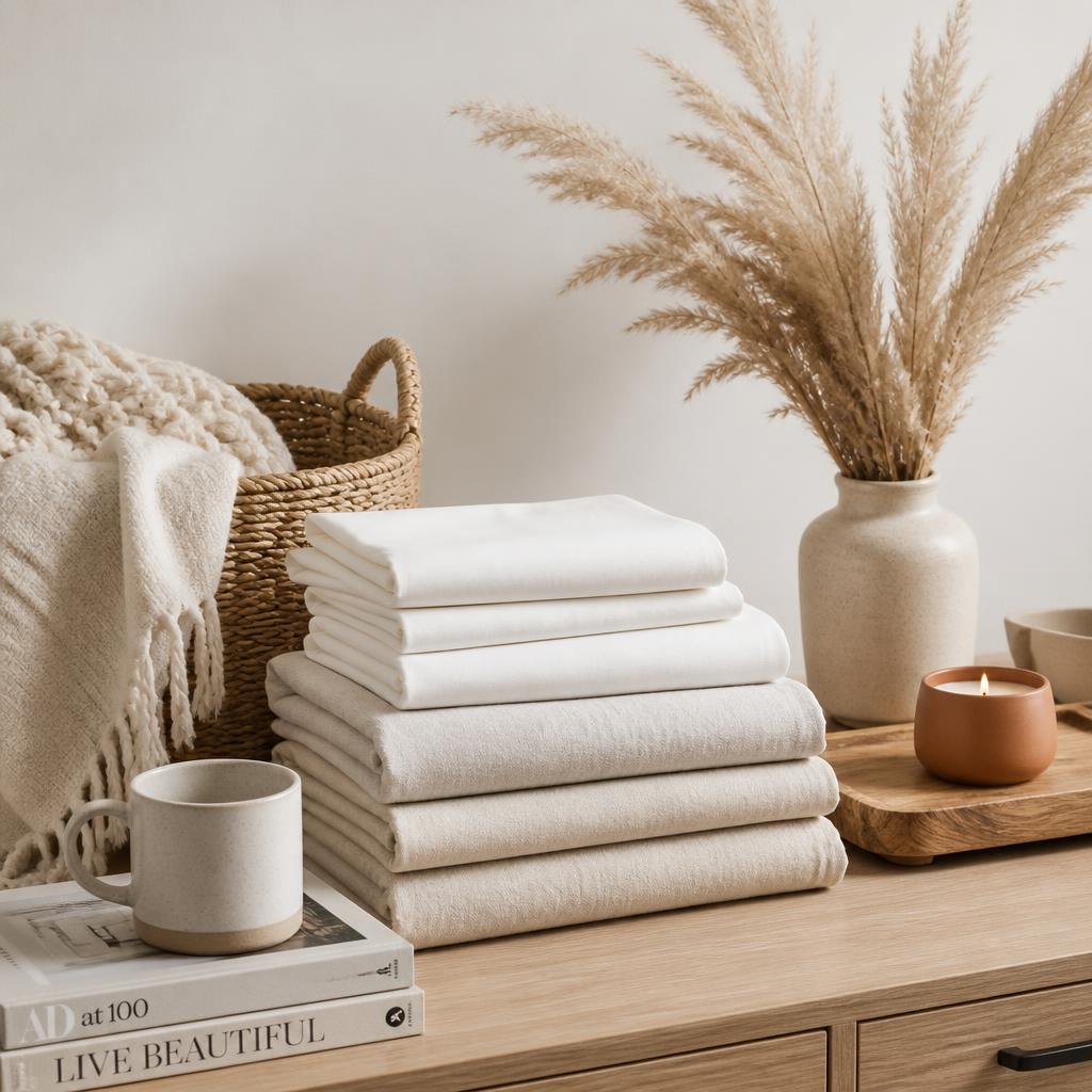Home organization, tabletop accents, and folded bedding linens in warm neutral tones