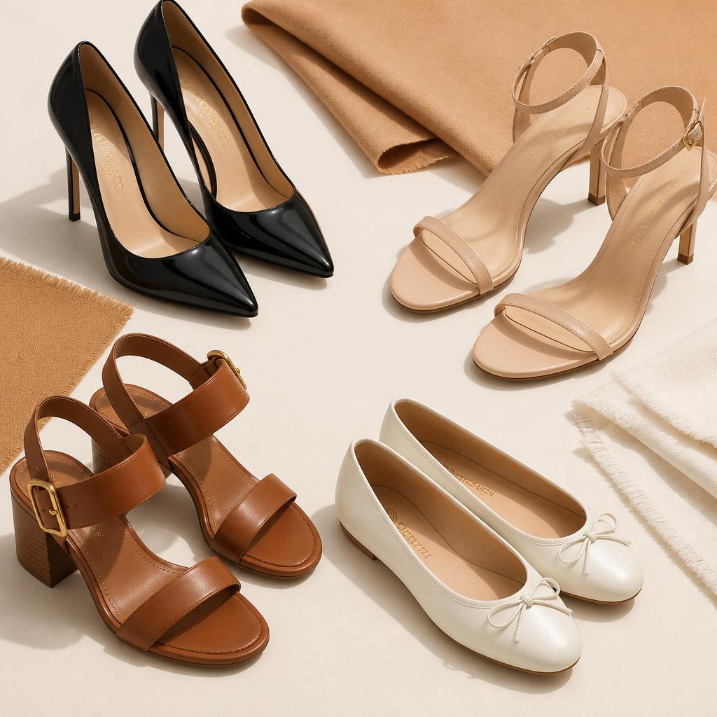 Fashion high heels, strappy sandals, and ballet flats in classic neutral tones